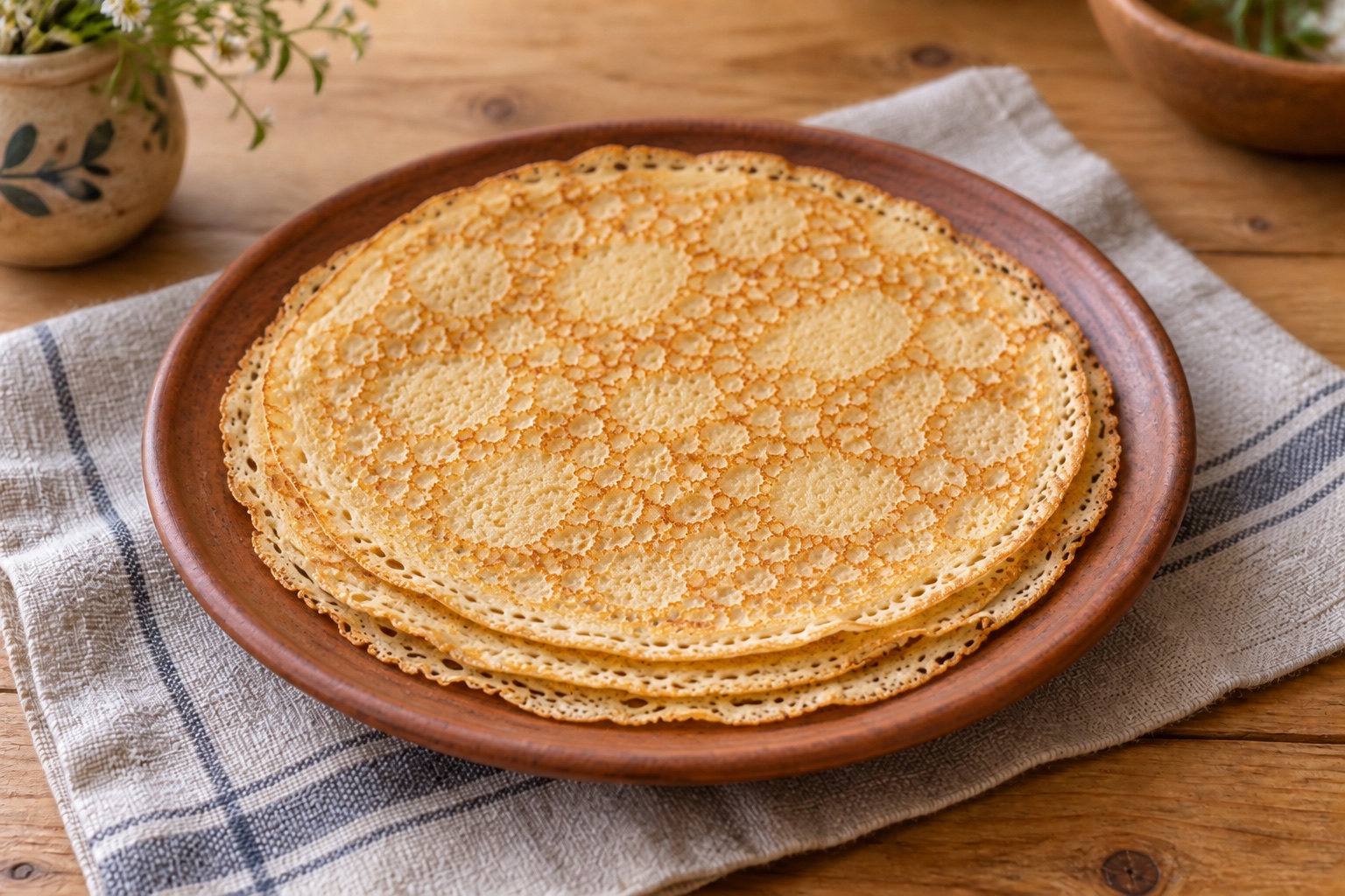 Clătite vegane aurii, întinse pe o farfurie de teracotă