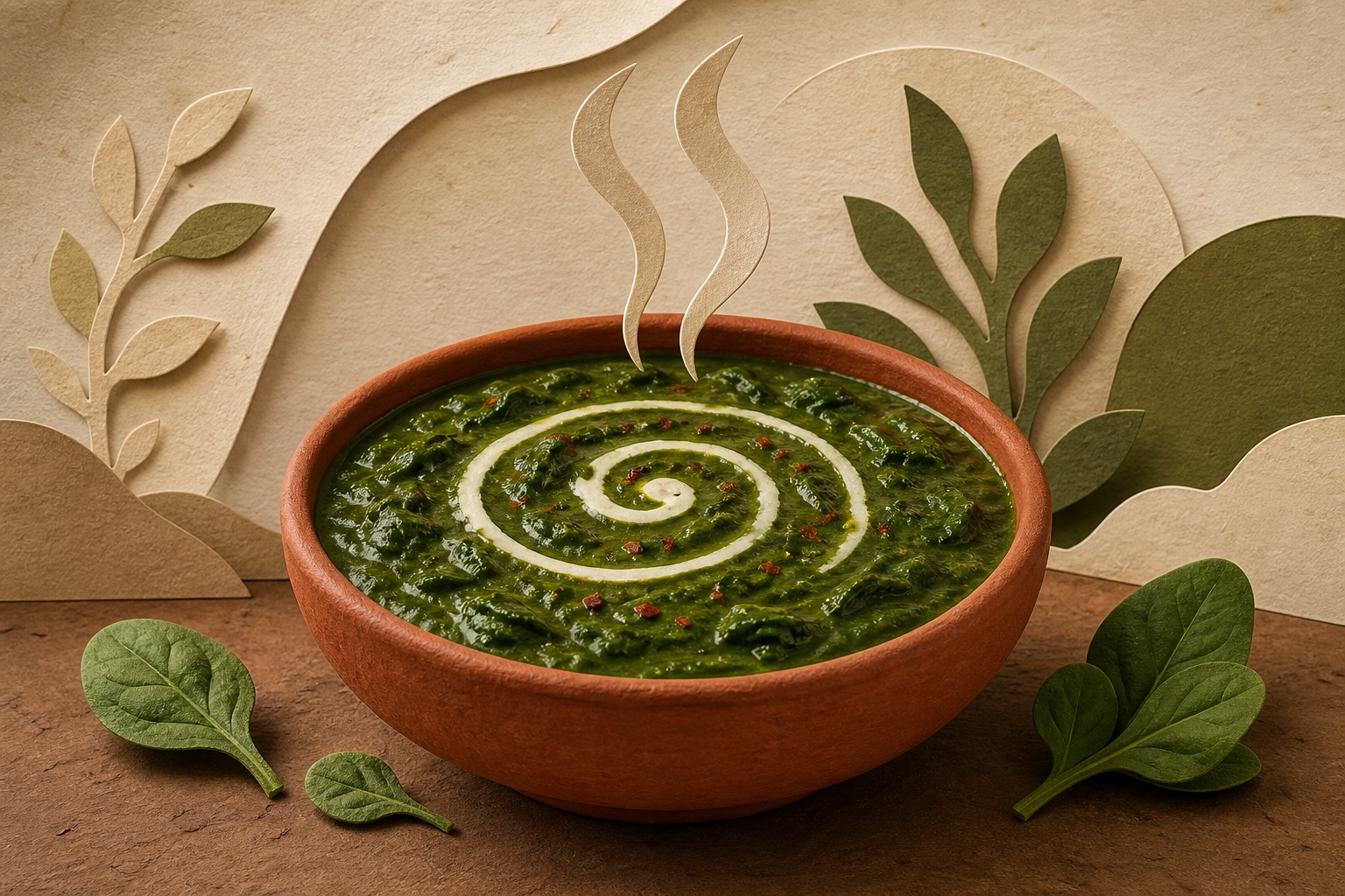 Curry Palak cremos într-un bol de teracotă
